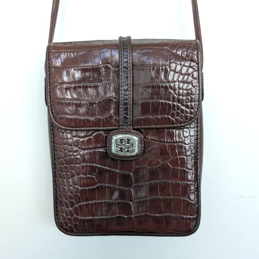 Vintage Brighton One World Leather Croc Embossed Crossbody Flap Bag